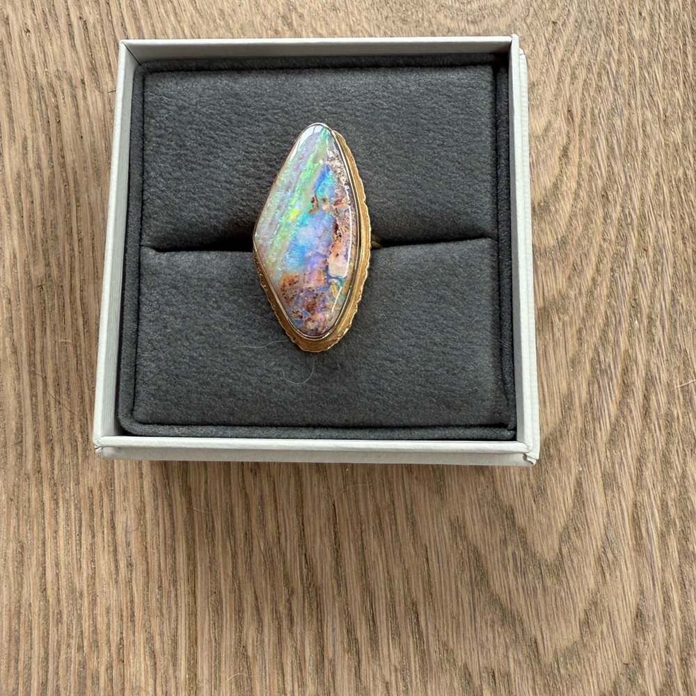 14K Solid Gold Wood Opal Statement Ring with Iridescent Colors